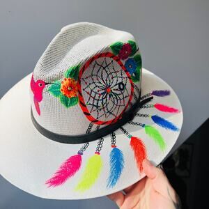 Pan Charlie Hats Hand Painted Dreamcatcher Feather Fedora Large